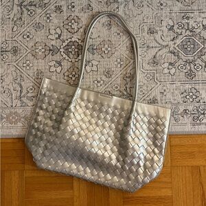 Melie Bianco Metallic Silver Woven Tote